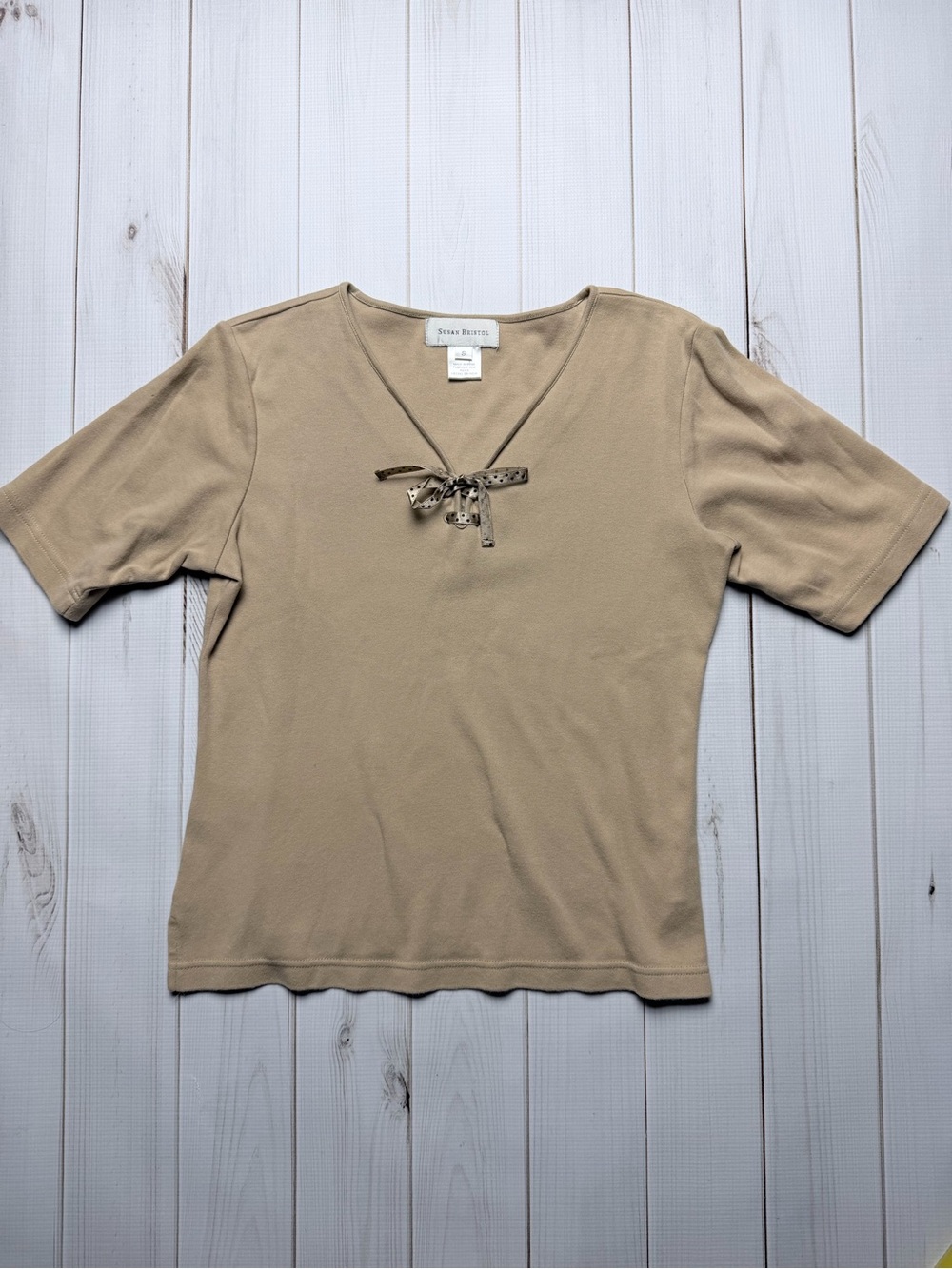 Susan Bristol Tan Short-Sleeve Knit Top with Tie Neck